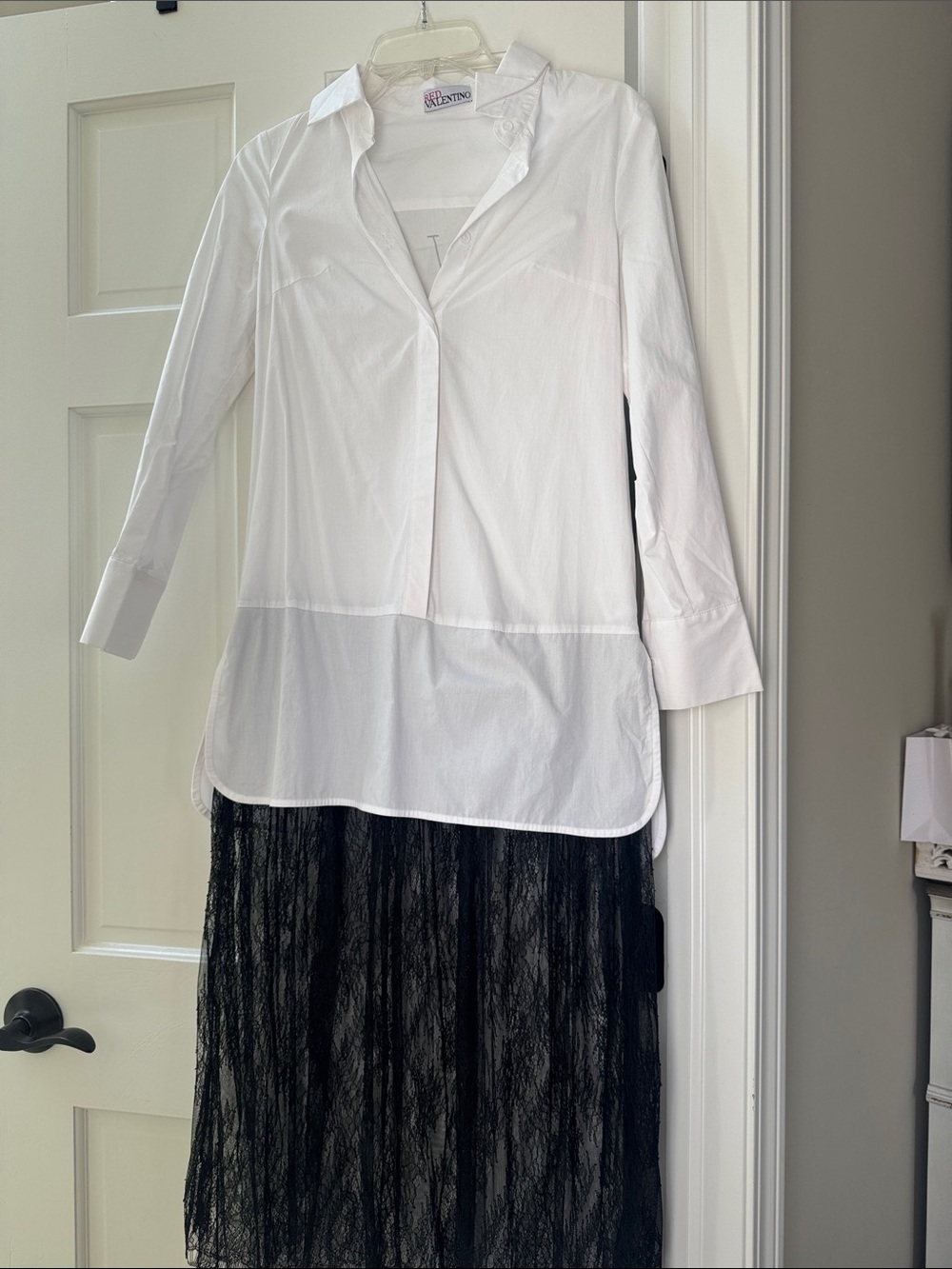 Red Valentino White Shirt with Black Lace Midi Skirt. Vintage !